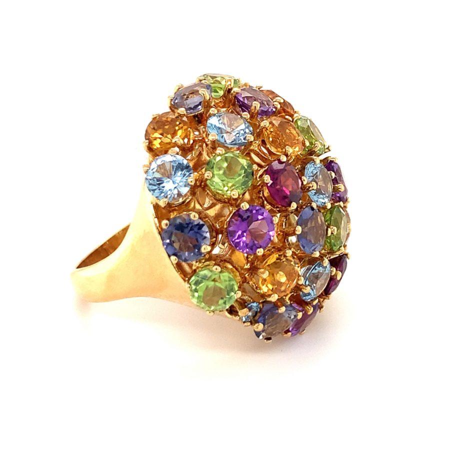 Round Cut Multi-Gem Bombe Ring in 18K Yellow Gold, circa 1960s For Sale