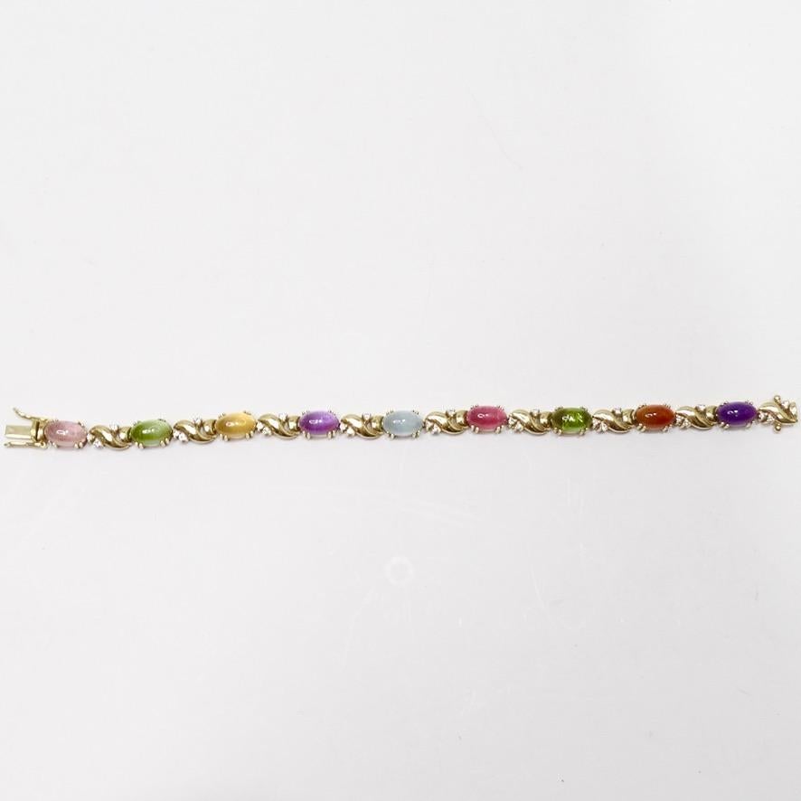 Round Cut Multi Gem Cabachon, Tourmaline and Aquamarine Diamond Bracelet 1980s