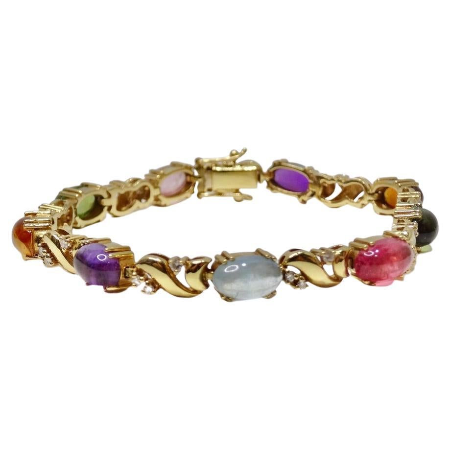 Bracelet multi-gemmes en cabochon, tourmaline et aigue-marine, années 1980