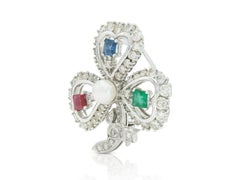 Multi-Gem Clover Brooch