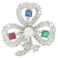 Multi-Gem Clover Brooch