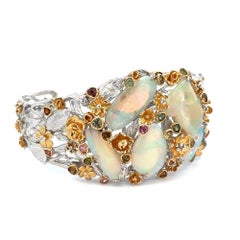 Multi Gem Crystal Opal Multi-Color Tourmaline Sterling Statement Cuff Bracelet