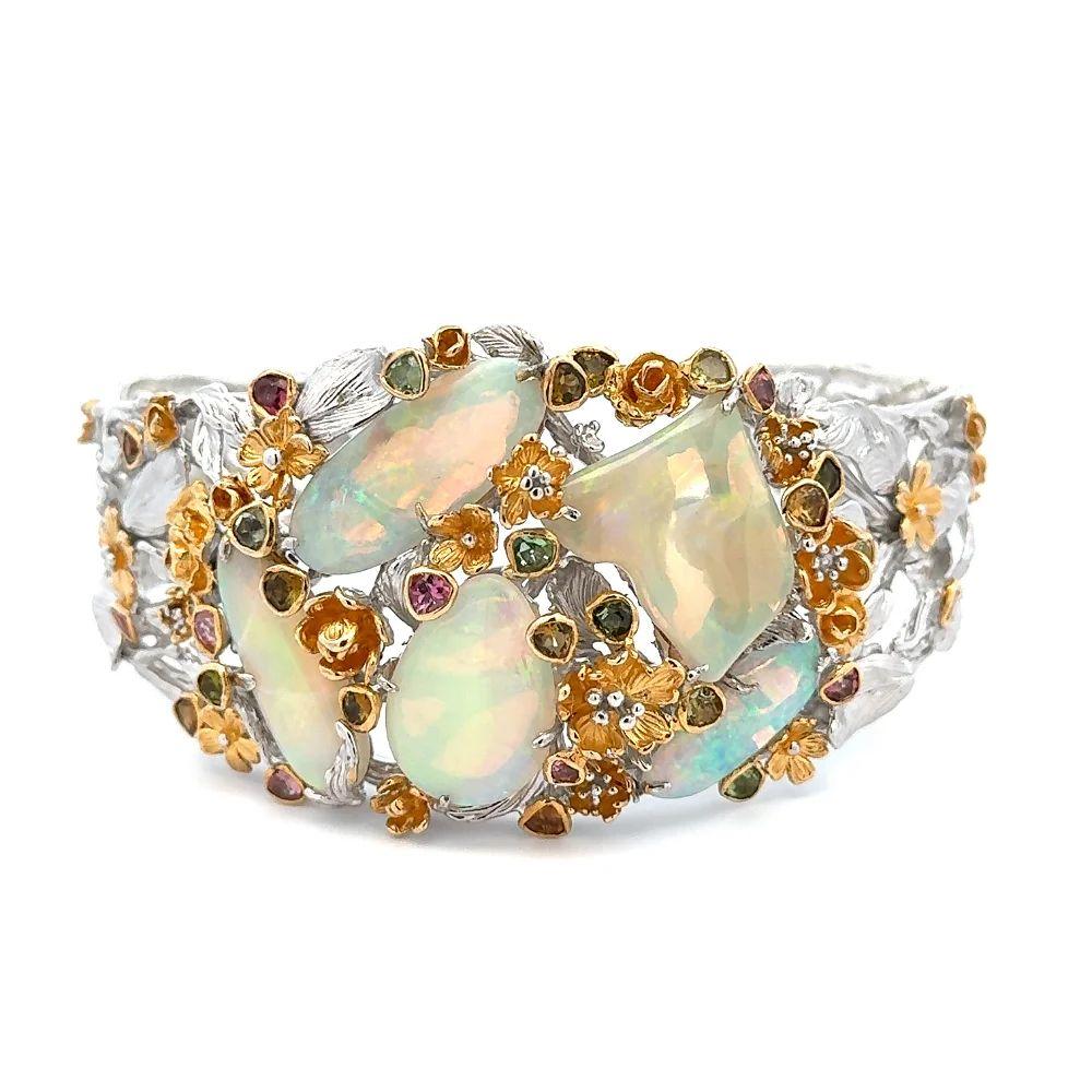Taglio misto Bracciale con dichiarazione in argento con cristalli multipli di opale e tormalina multicolore in vendita