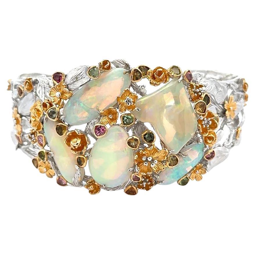 Multi Gem Crystal Opal Multi-Color Tourmaline Sterling Statement Cuff Bracelet