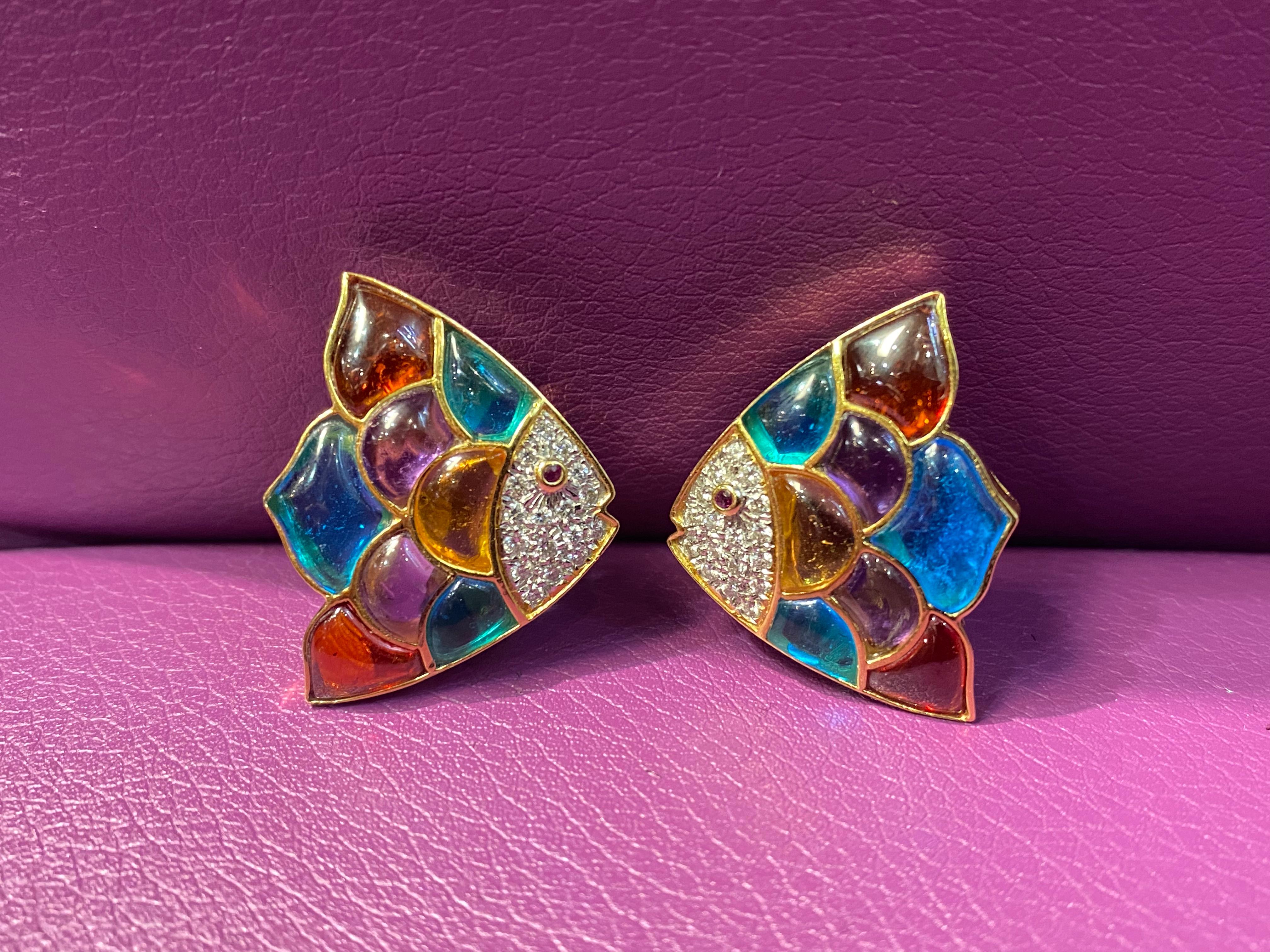 Multi Gem & Diamond Fish Earrings 5