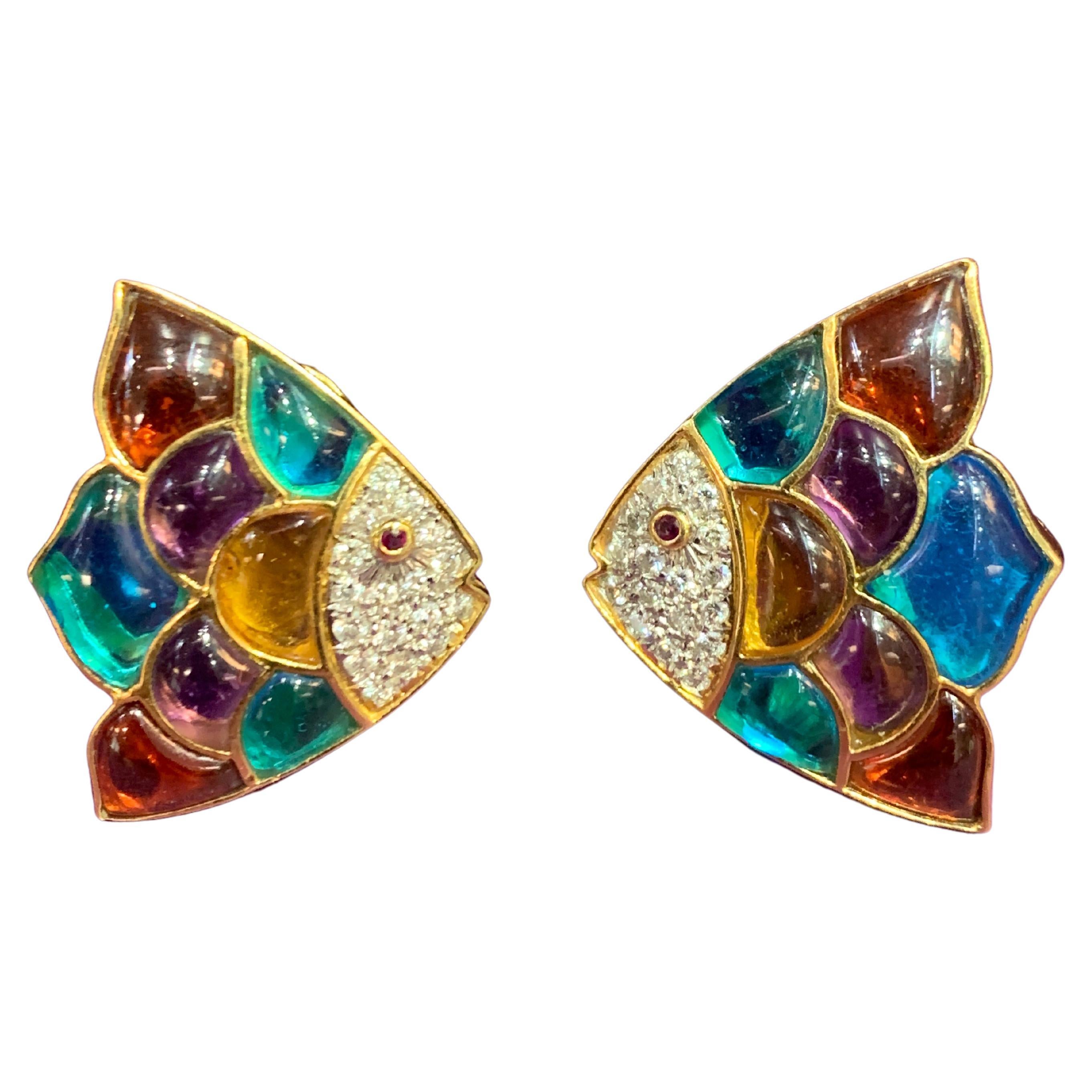 Multi Gem & Diamond Fish Earrings, including  round cut cut diamonds & cabochon multi gems, citrine blue topaz & amethyst all set in 18k yellow gold.

Back Type: Clip On with Post 

Measurements: 1 inch long 

