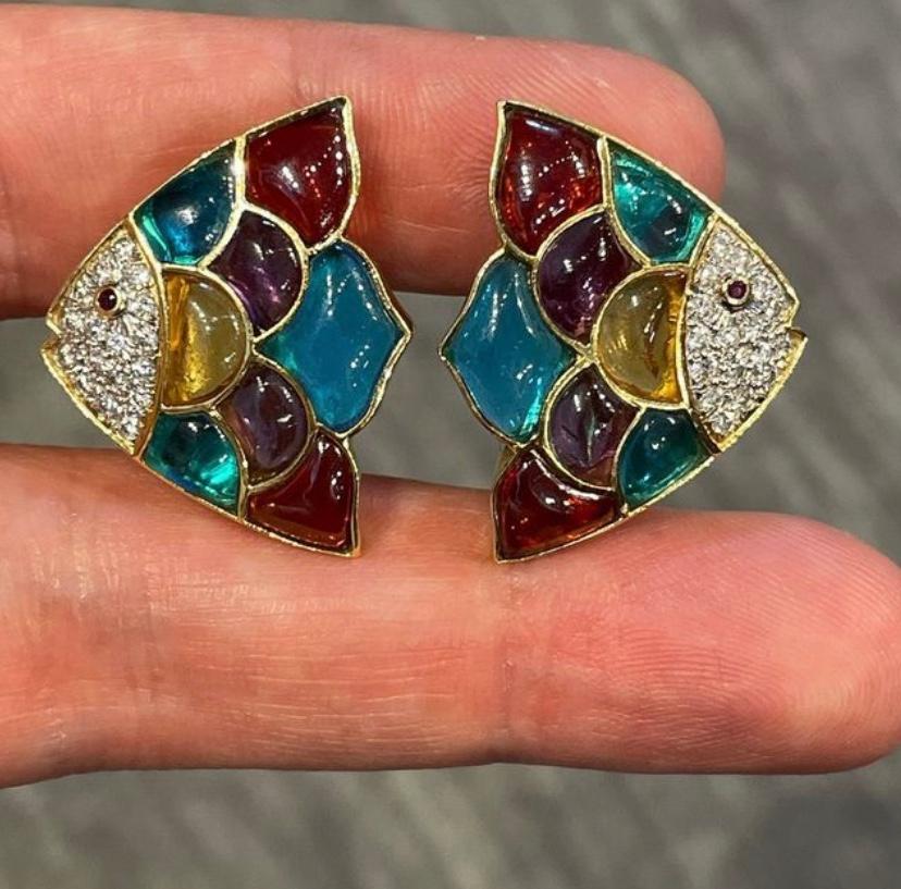Multi Gem & Diamond Fish Earrings In Excellent Condition In New York, NY