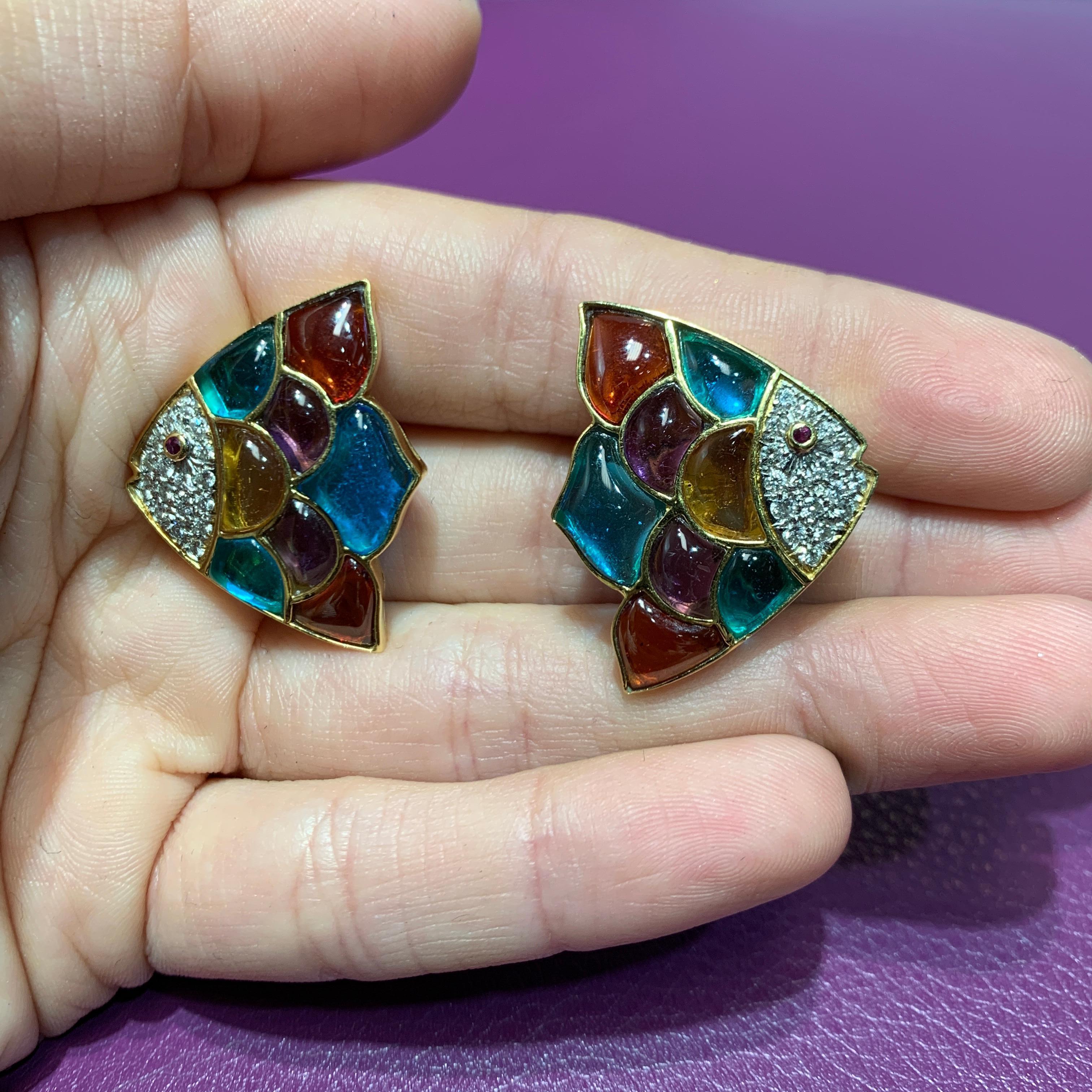 Women's Multi Gem & Diamond Fish Earrings