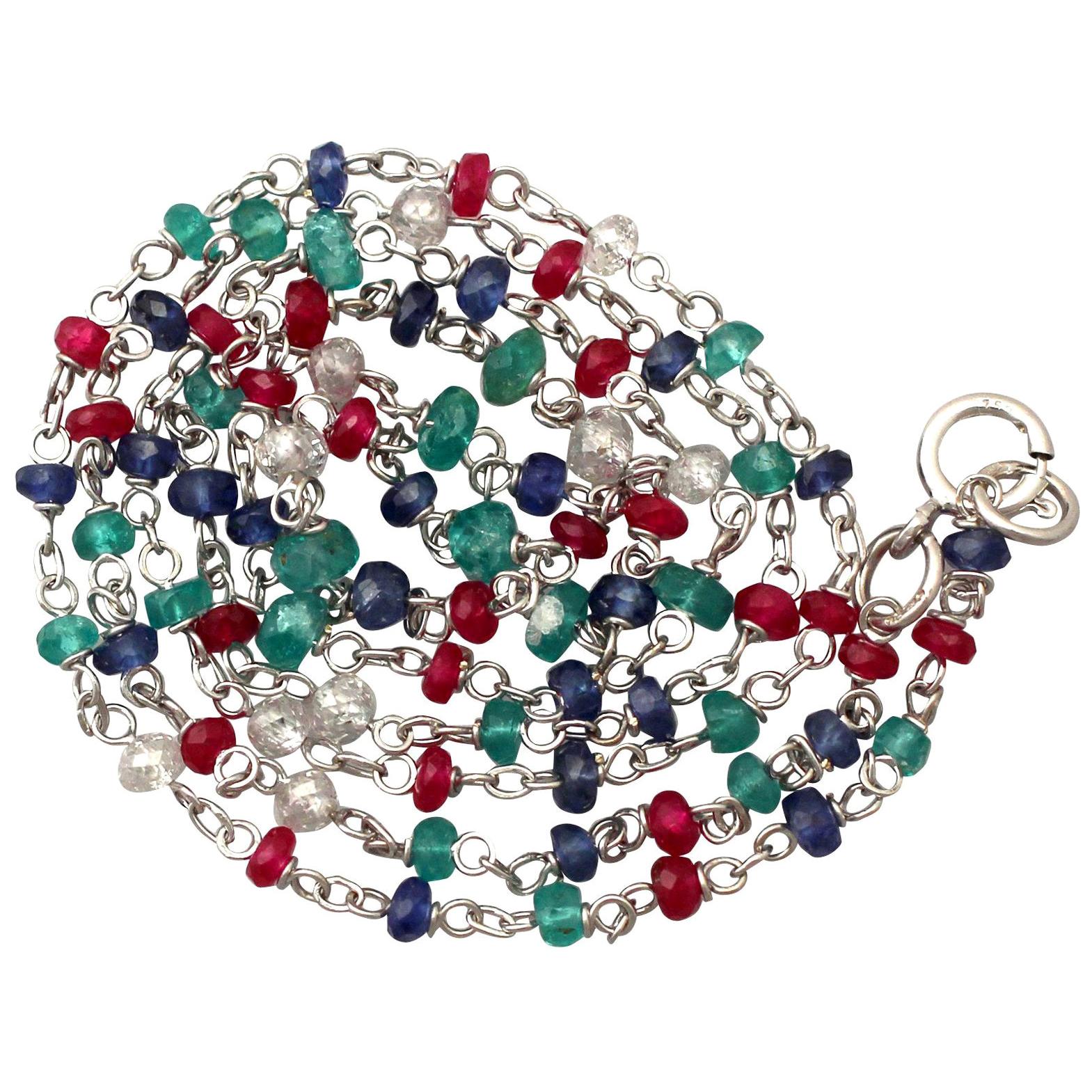 Multi Gem Diamond Sapphire Ruby Emerald and White Gold Necklace