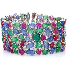 Breites 18 Karat Weißgold breites Diamantarmband „Tutti Frutti“ mit mehreren Edelsteinen
