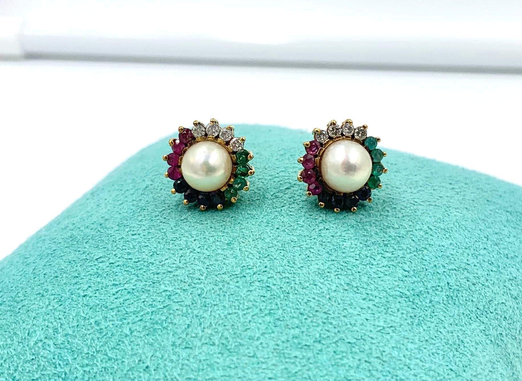 Contemporary Multi Gem Earrings Emerald Sapphire Ruby Diamond Pearl 14 Karat Gold