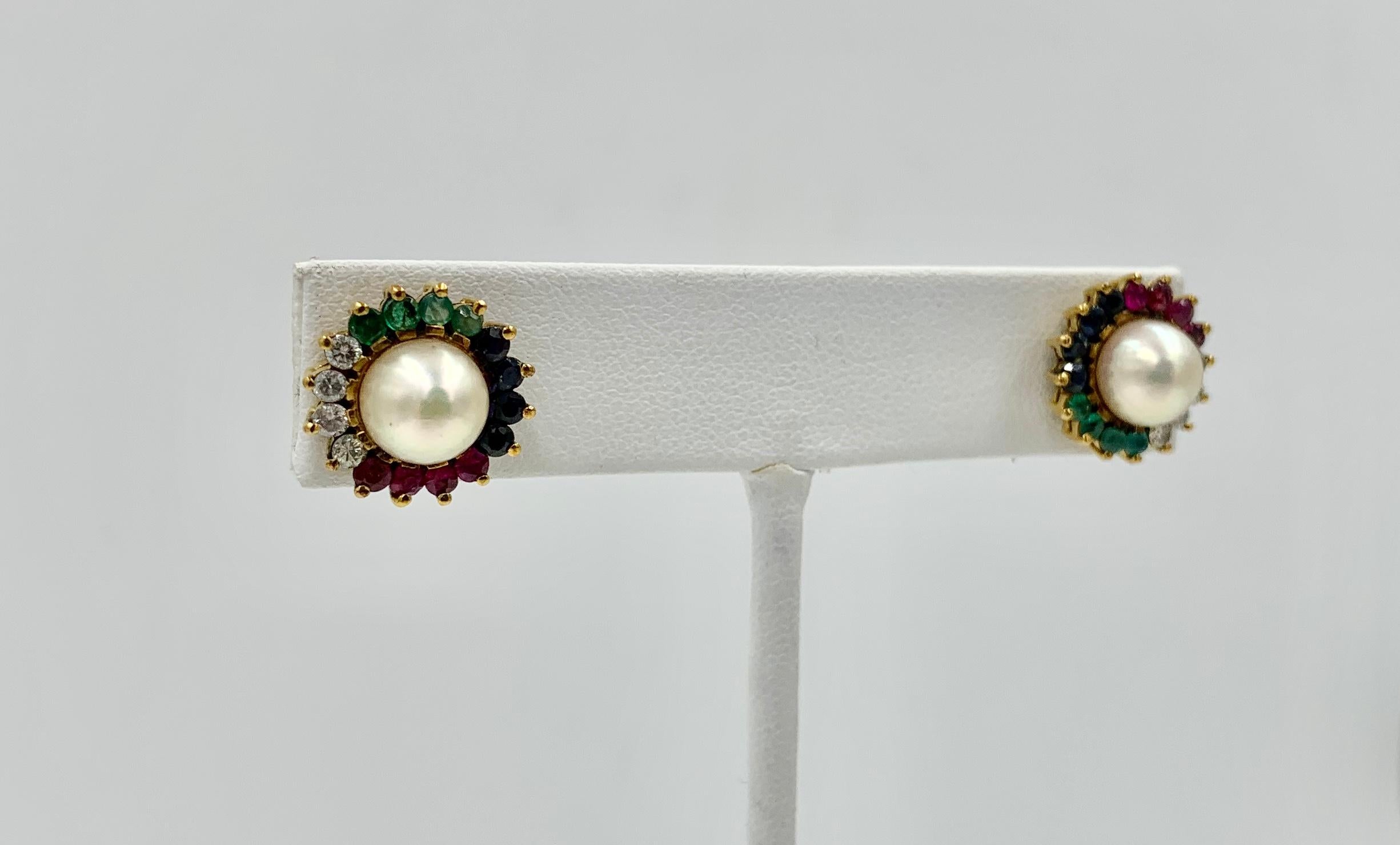 Round Cut Multi Gem Earrings Emerald Sapphire Ruby Diamond Pearl 14 Karat Gold