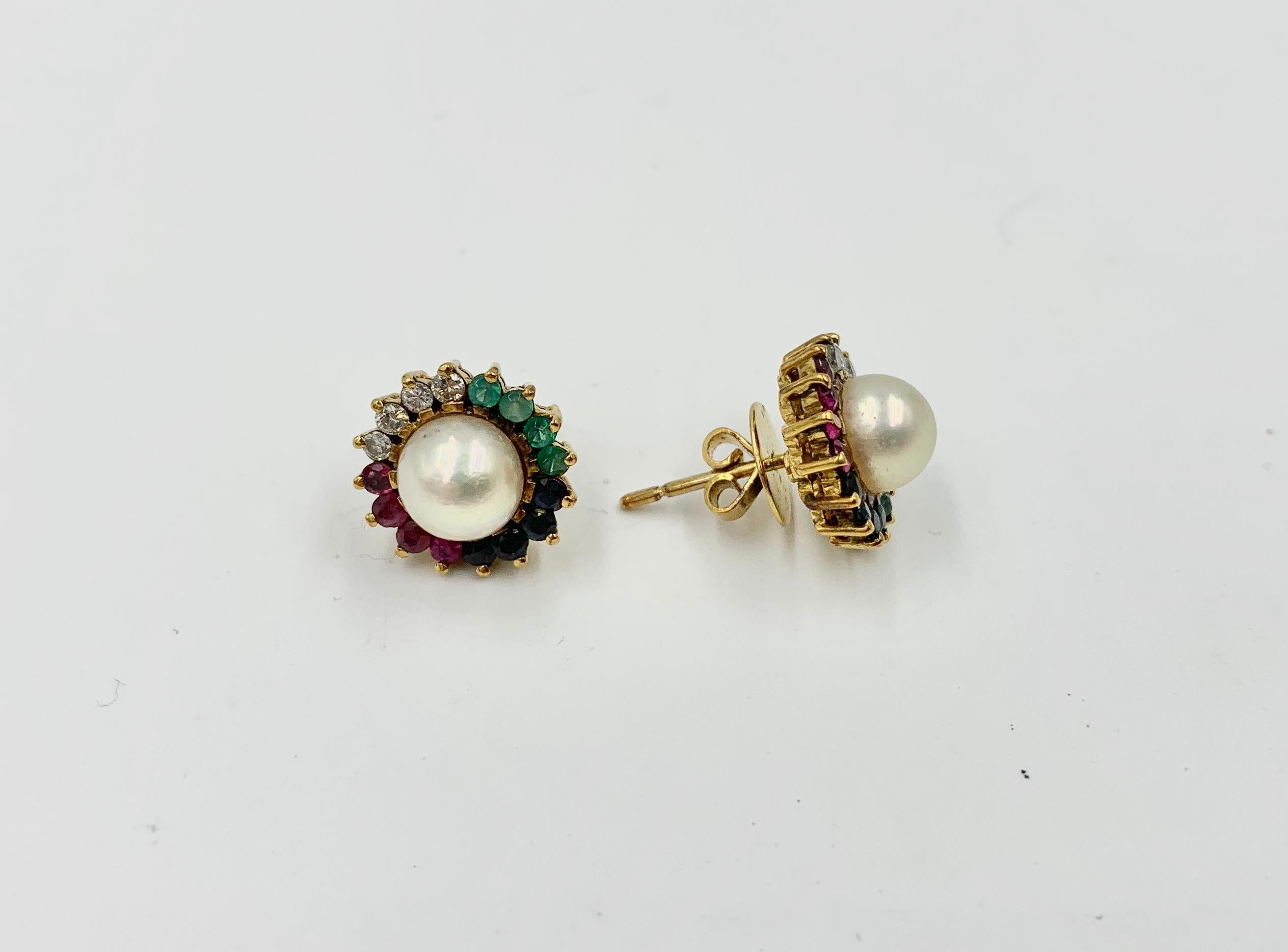 Multi Gem Earrings Emerald Sapphire Ruby Diamond Pearl 14 Karat Gold In Good Condition In New York, NY