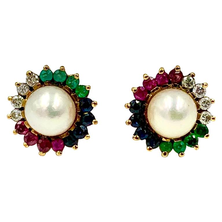 Multi Gem Earrings Emerald Sapphire Ruby Diamond Pearl 14 Karat Gold