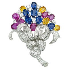 Multi Gem Flower Bouquet White Gold Brooch