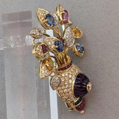 Multi-Gem Flower Brooch in 18k Yellow Gold with Diamonds and Rubies, Italy