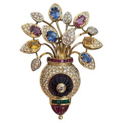 Multi-Gem Flower Brooch in 18k Yellow Gold with Diamonds and Rubies, Italy