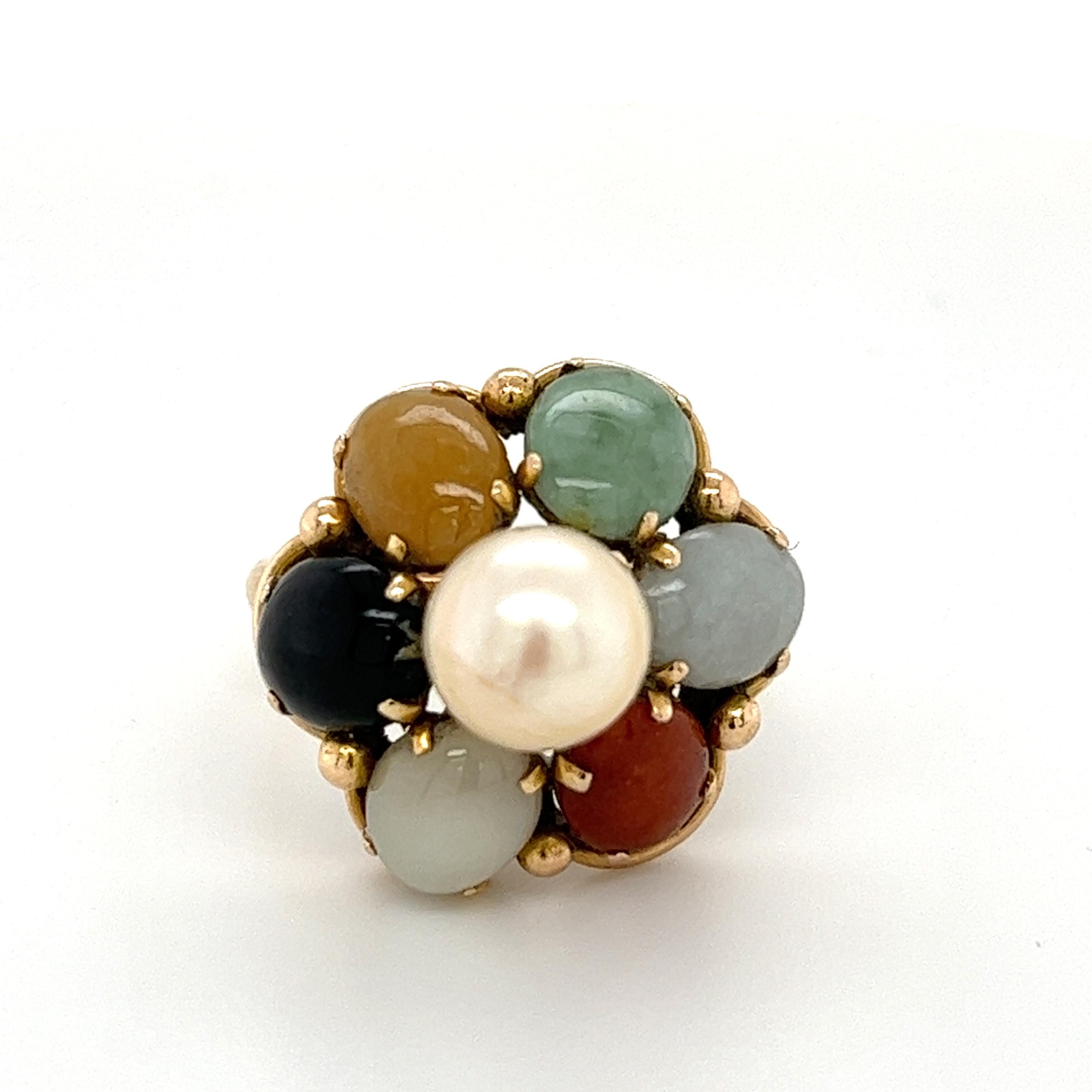 Art Nouveau Multi Gem Flower Cluster Ring with Cabochon Cut Stones in 14k Gold