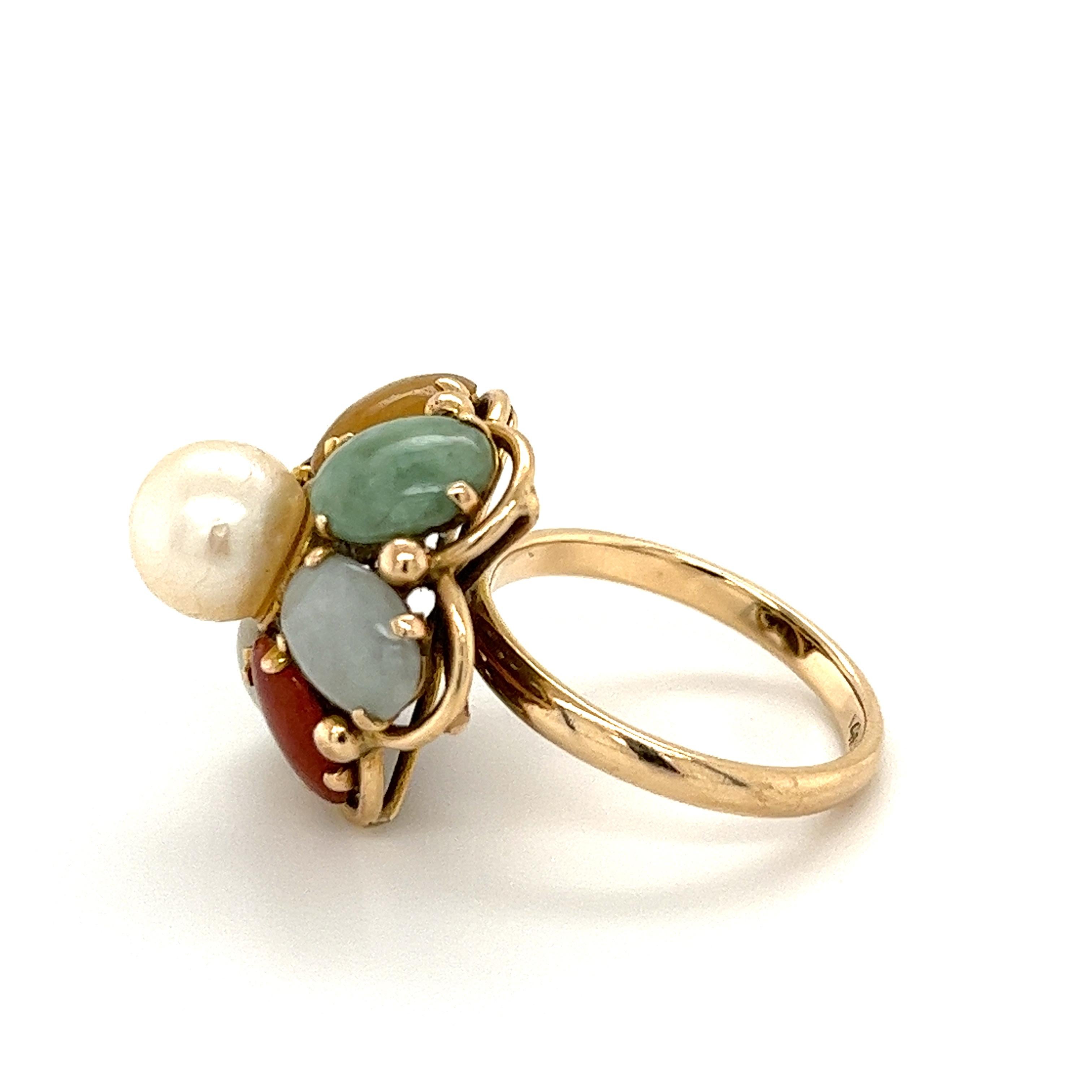 Multi Gem Flower Cluster Ring with Cabochon Cut Stones in 14k Gold In Excellent Condition In Miami, FL