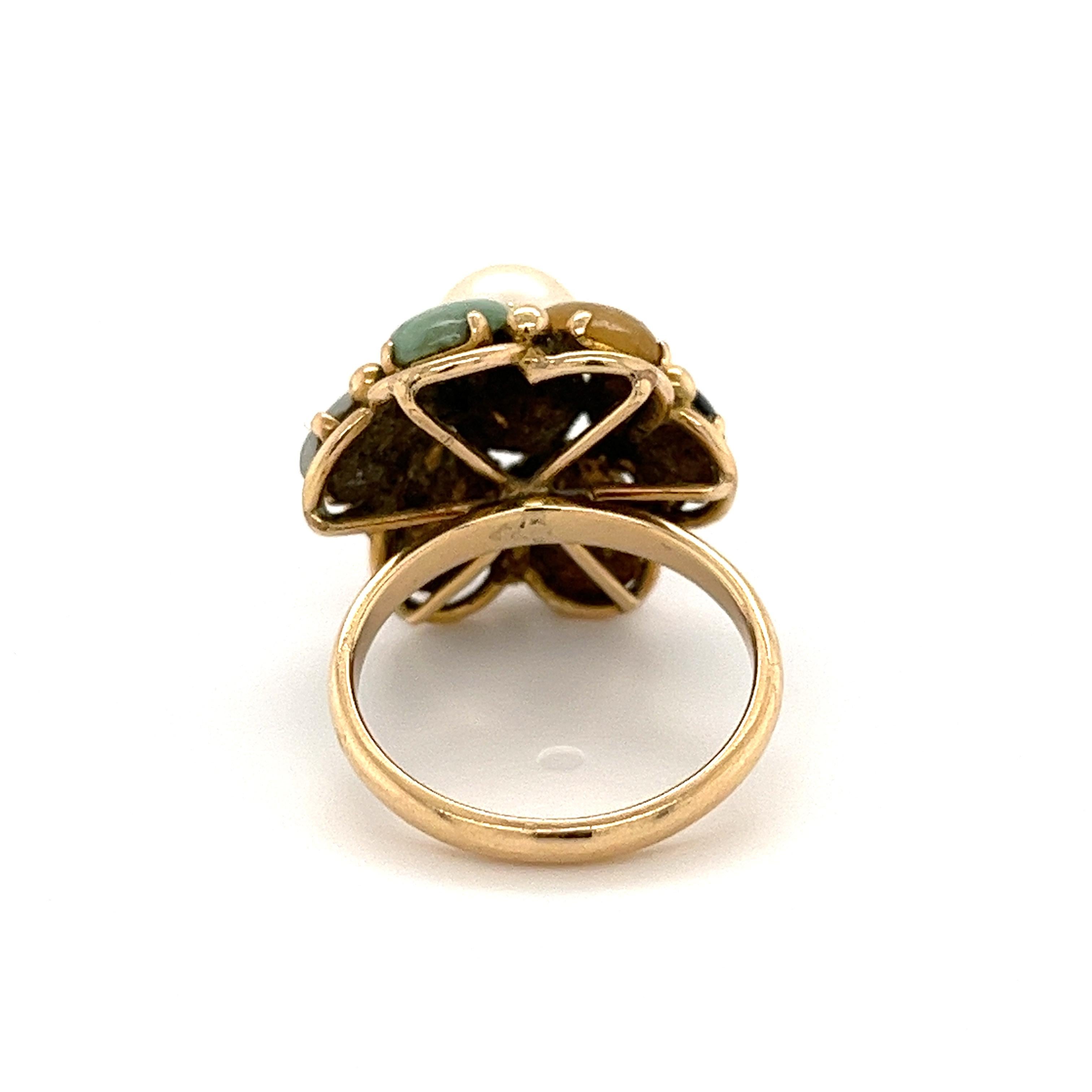 Women's or Men's Multi Gem Flower Cluster Ring with Cabochon Cut Stones in 14k Gold
