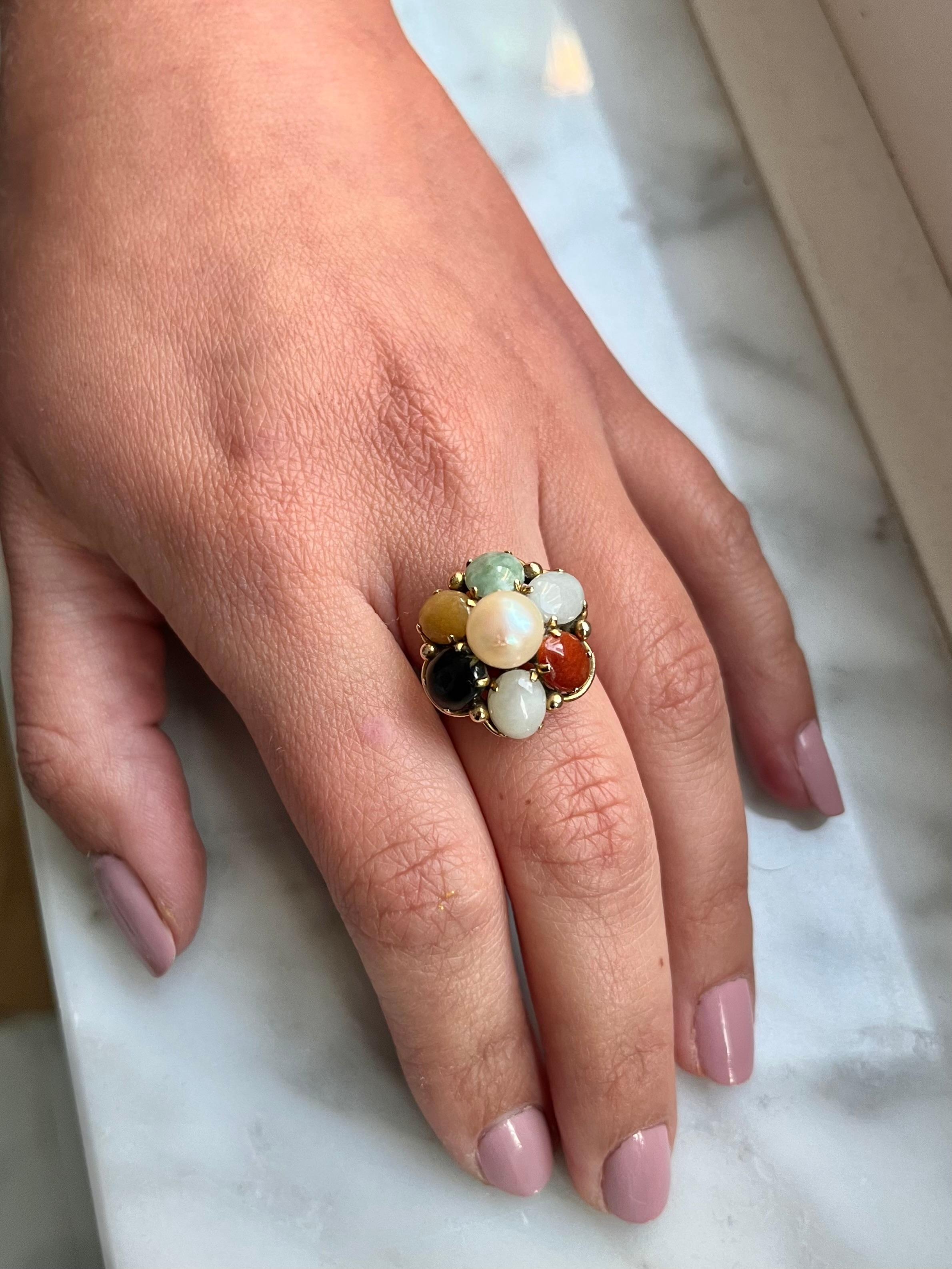 Multi Gem Flower Cluster Ring with Cabochon Cut Stones in 14k Gold 1