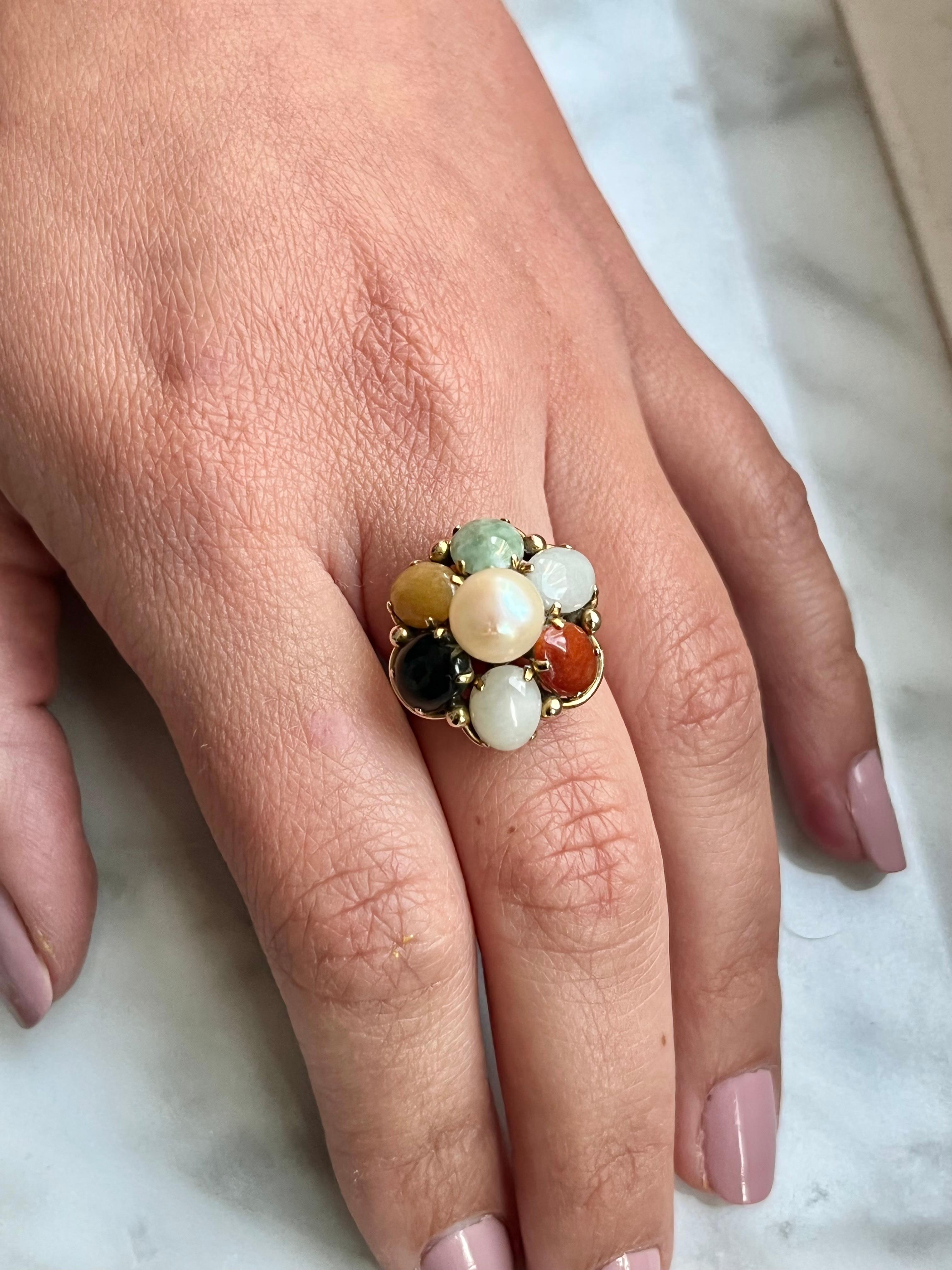 Multi Gem Flower Cluster Ring with Cabochon Cut Stones in 14k Gold 2