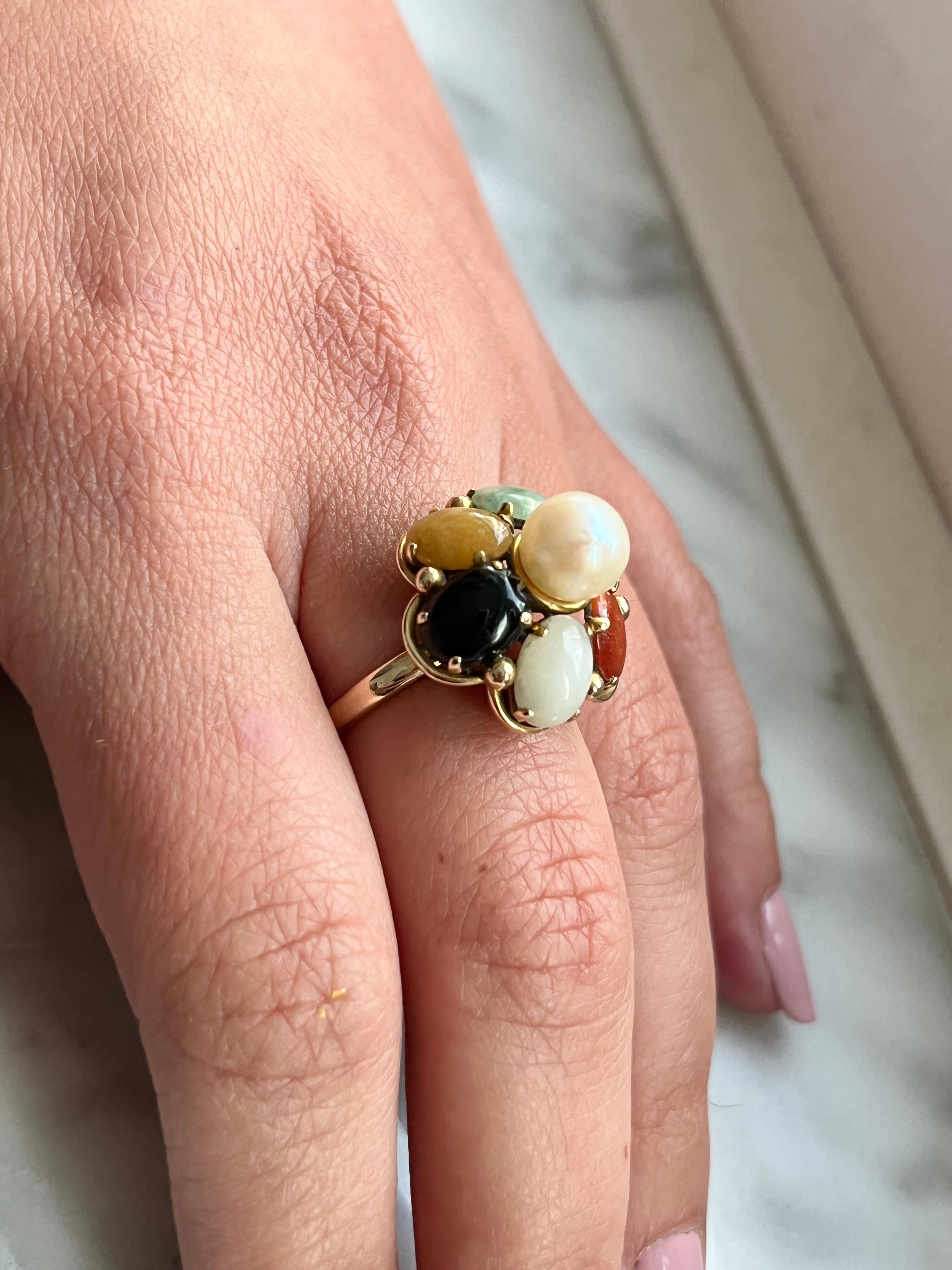 Multi Gem Flower Cluster Ring with Cabochon Cut Stones in 14k Gold 3