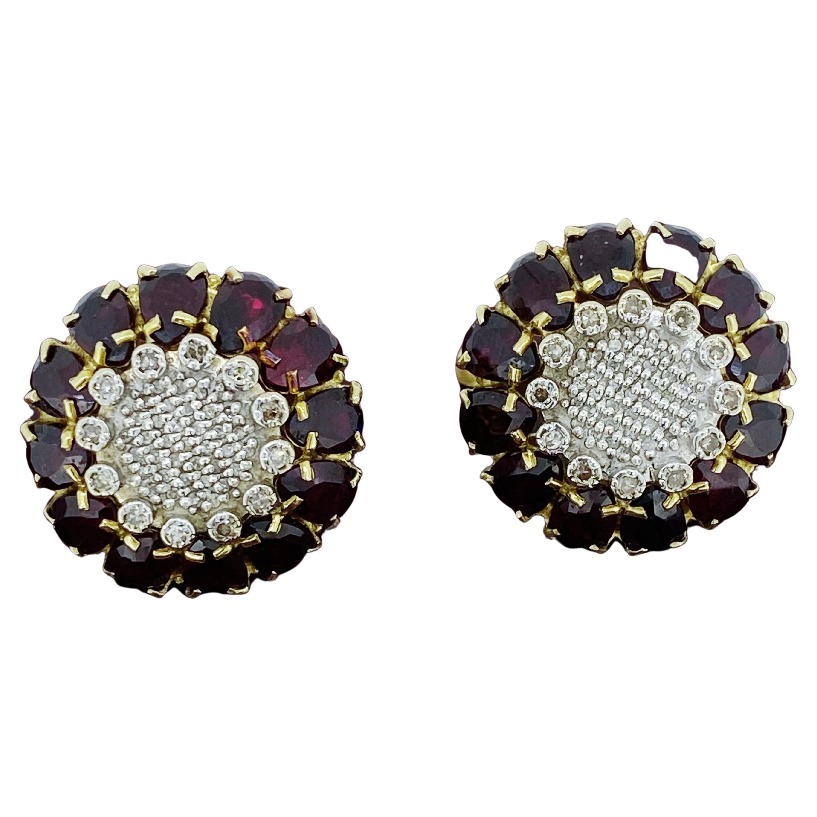 Multi Gem -Garnets & Diamonds - Flower 14K Yellow Gold English Locks Earrings