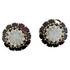 Mehr Edelsteine - Granate & Diamanten - Blume 14K Gelbgold Englische Schlösser Ohrringe