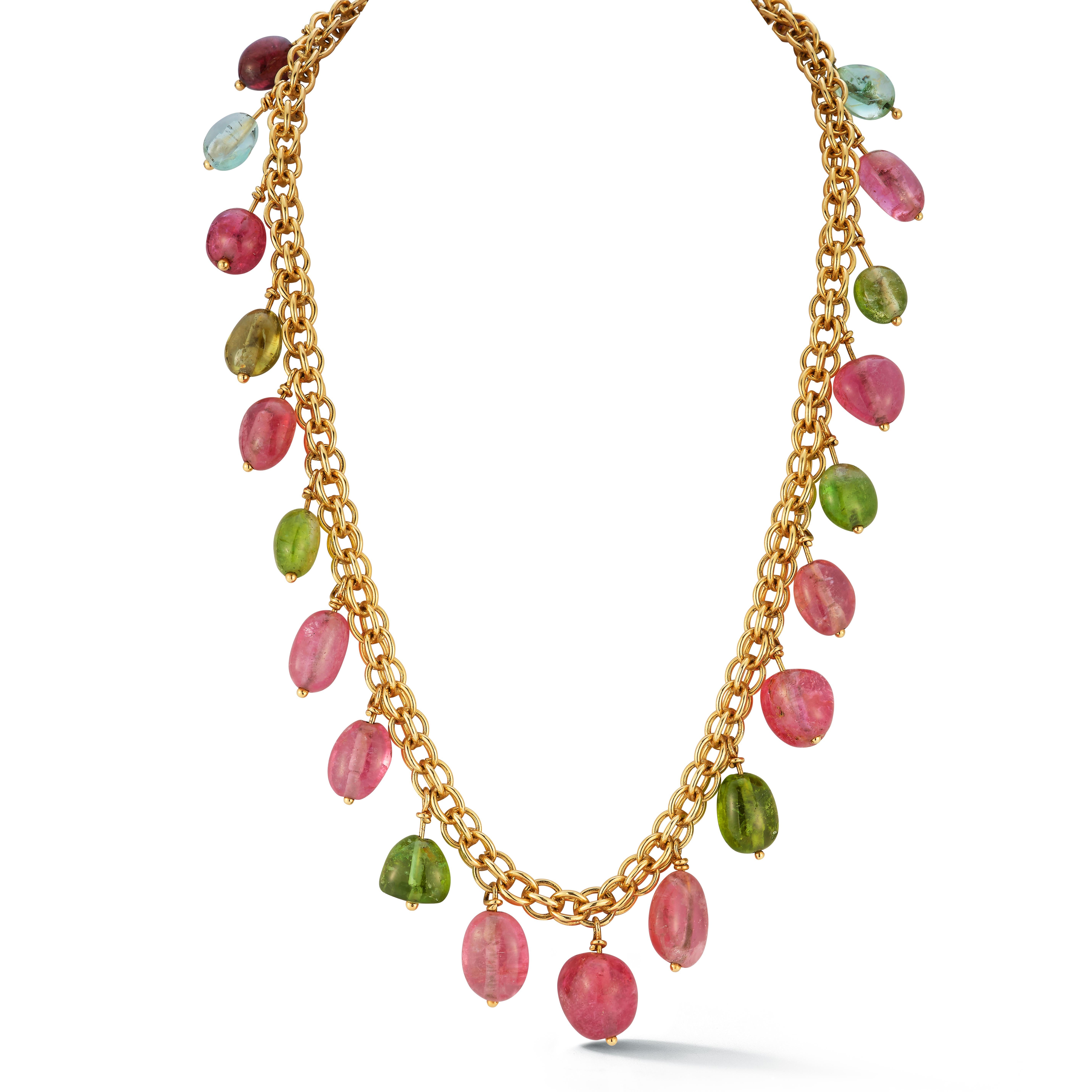 Multi Gem Gold Halskette

Kettenhalskette mit Peridot und rosa Turmalinperlen 

Abmessungen: 16,5