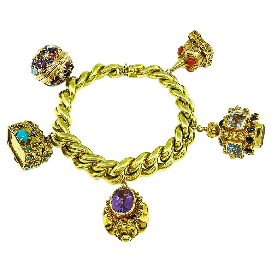 Multi Gem Gold Novelty Charm Bracelet For Sale at 1stDibs novelty