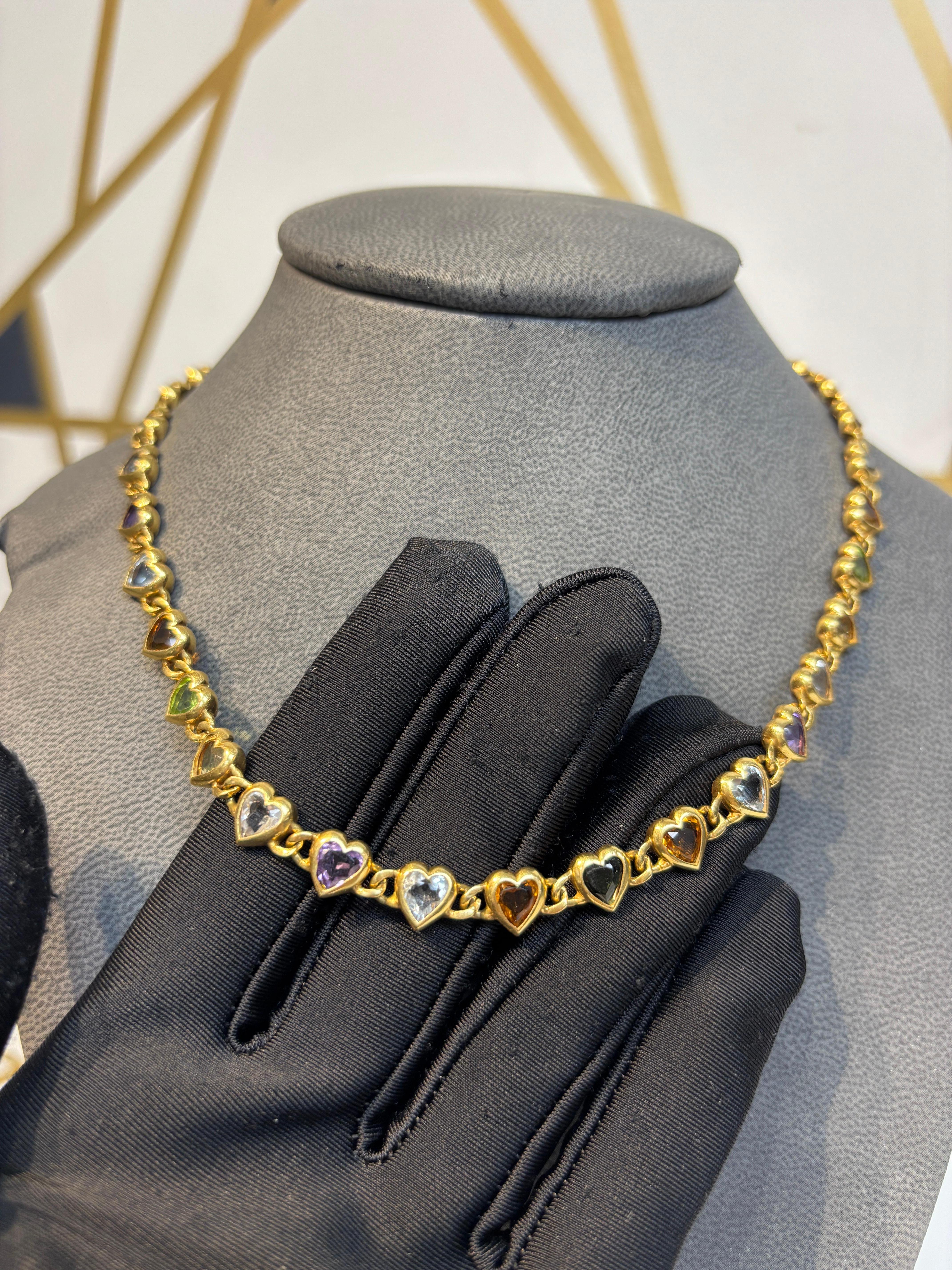 Multi Gem Heart Motif Necklace In Excellent Condition For Sale In New York, NY