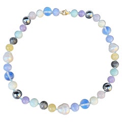 Collier multi-gemmes Tour de cou Perle Pierre de lune Pyrite  Labradorite Rosequartz