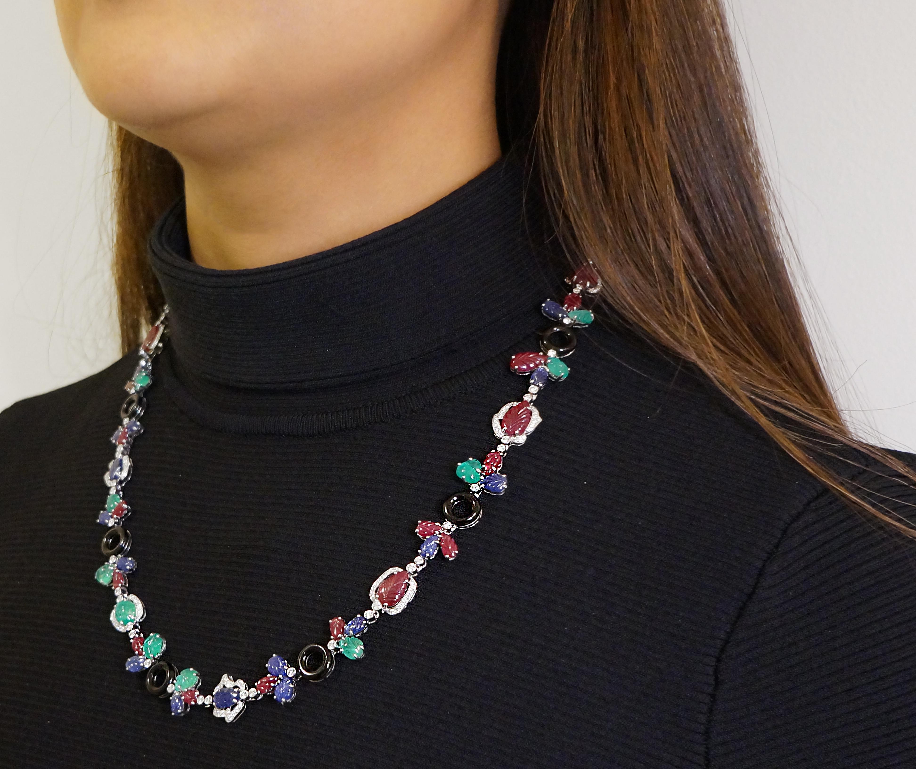 Women's Multi Gem Necklace With Diamonds, Rubies, Sapphires, Emeralds, and Onyx For Sale