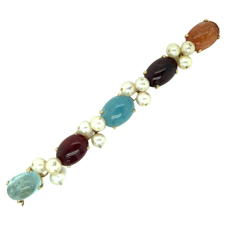 MultiGem Pearl Gold Bracelet For Sale at 1stDibs