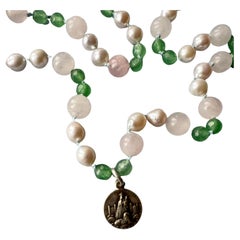 Multi Gem Pearl Necklace Rose Quartz Chrysoprase Medal