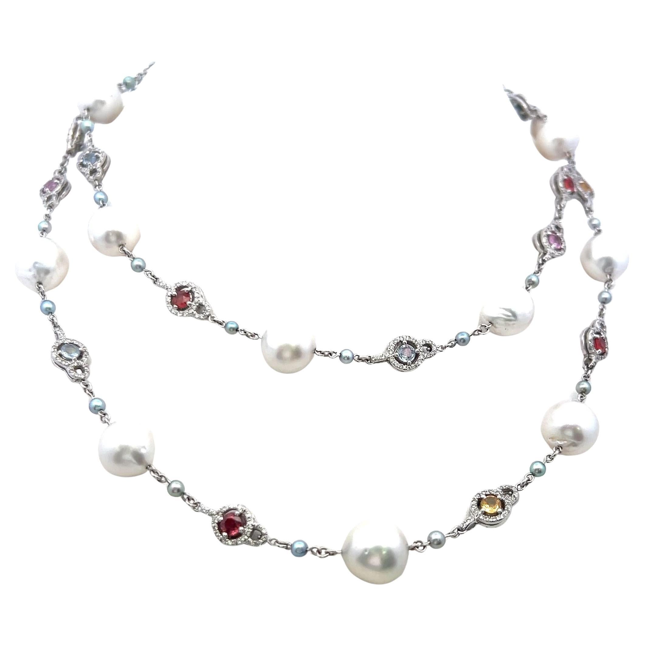 Collana Station con perle multiple in oro bianco 18 carati e accenti di diamanti 1,56 carati in vendita