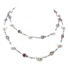 Multi-Gem Pearl Station Necklace in 18K White Gold with Diamond Accents 1.56ct