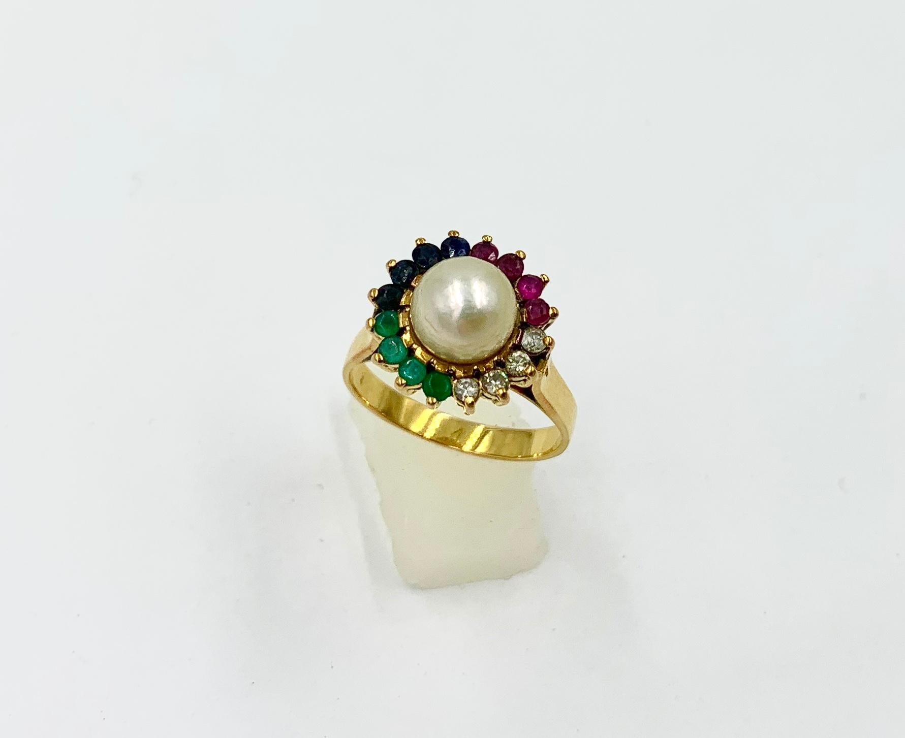 Ring mit mehreren Edelsteinen Smaragd Saphir Rubin Diamant Perle 14 Karat Gold (Zeitgenössisch)