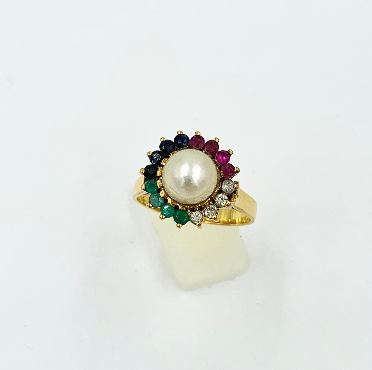 Ring mit mehreren Edelsteinen Smaragd Saphir Rubin Diamant Perle 14 Karat Gold (Rundschliff)