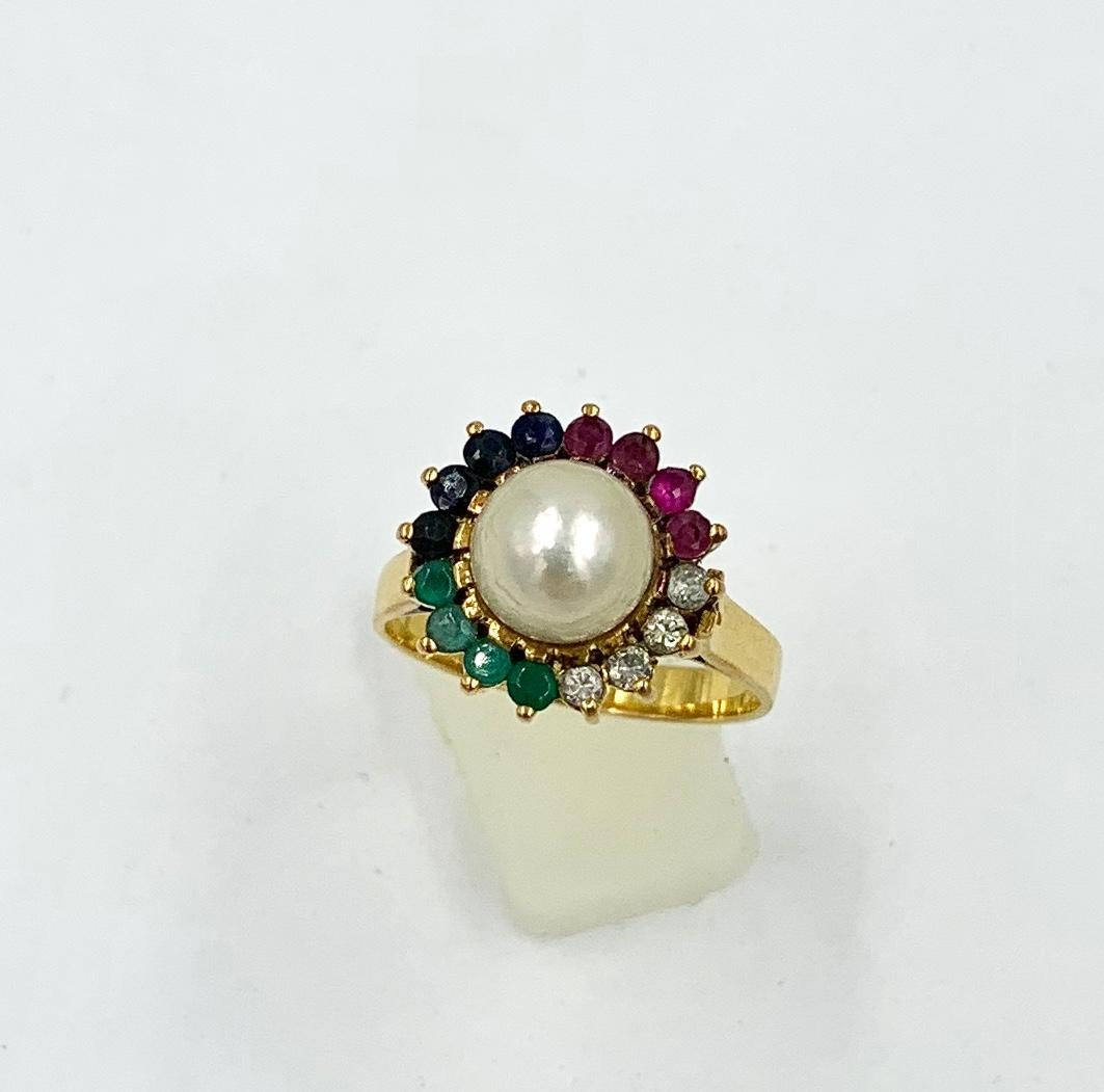 Contemporary Multi Gem Ring Emerald Sapphire Ruby Diamond Pearl 14 Karat Gold