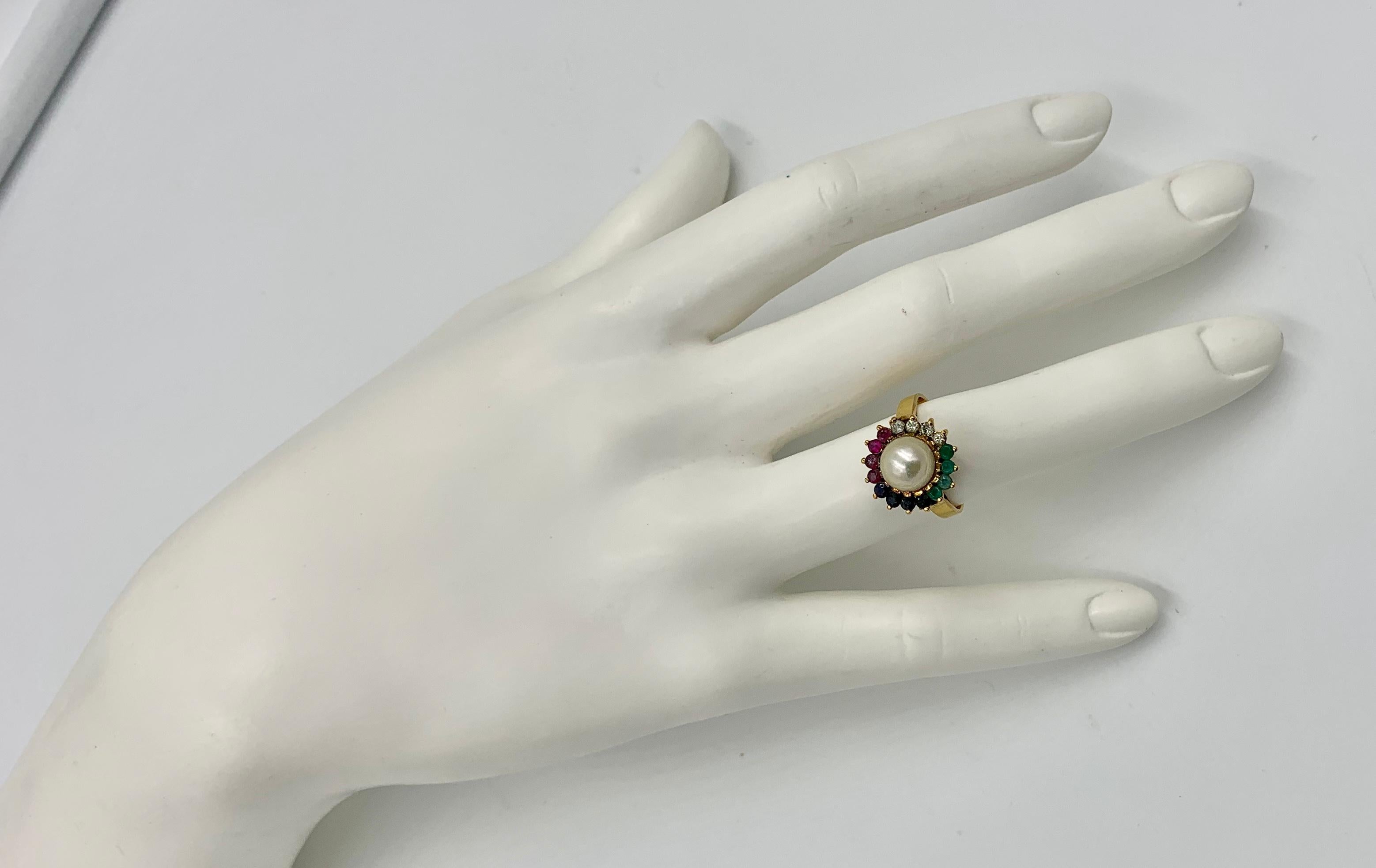 Multi Gem Ring Emerald Sapphire Ruby Diamond Pearl 14 Karat Gold In Excellent Condition In New York, NY
