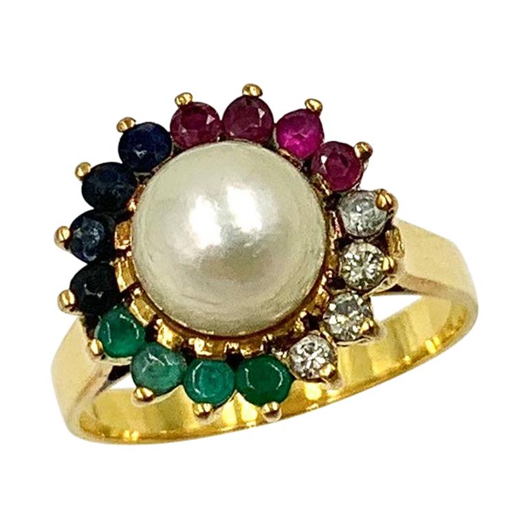 Multi Gem Ring Emerald Sapphire Ruby Diamond Pearl 14 Karat Gold