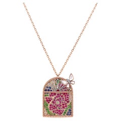 Multi-Gem & Saphir Rubin Diamant Nature Floral Schmetterling Gold Anhänger Halskette