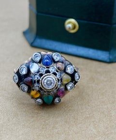 Multi-Gem (Semi-Precious Stones) Cluster Princess Vintage Ring in 9K Yellow Gold