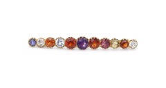 Multi Gem Set Bar Unisex Brooch Yellow Gold Amethyst Sapphire, 1900