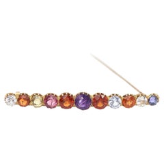 Multi Gem Set Bar Unisex Brooch Yellow Gold Amethyst Sapphire, 1900