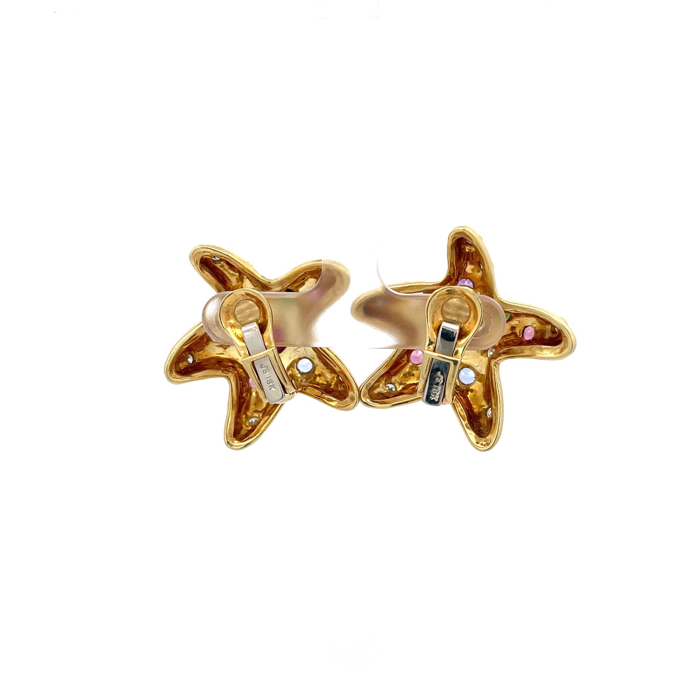 Contemporary Multi Gem Starfish Earrings 18K Yellow Gold For Sale