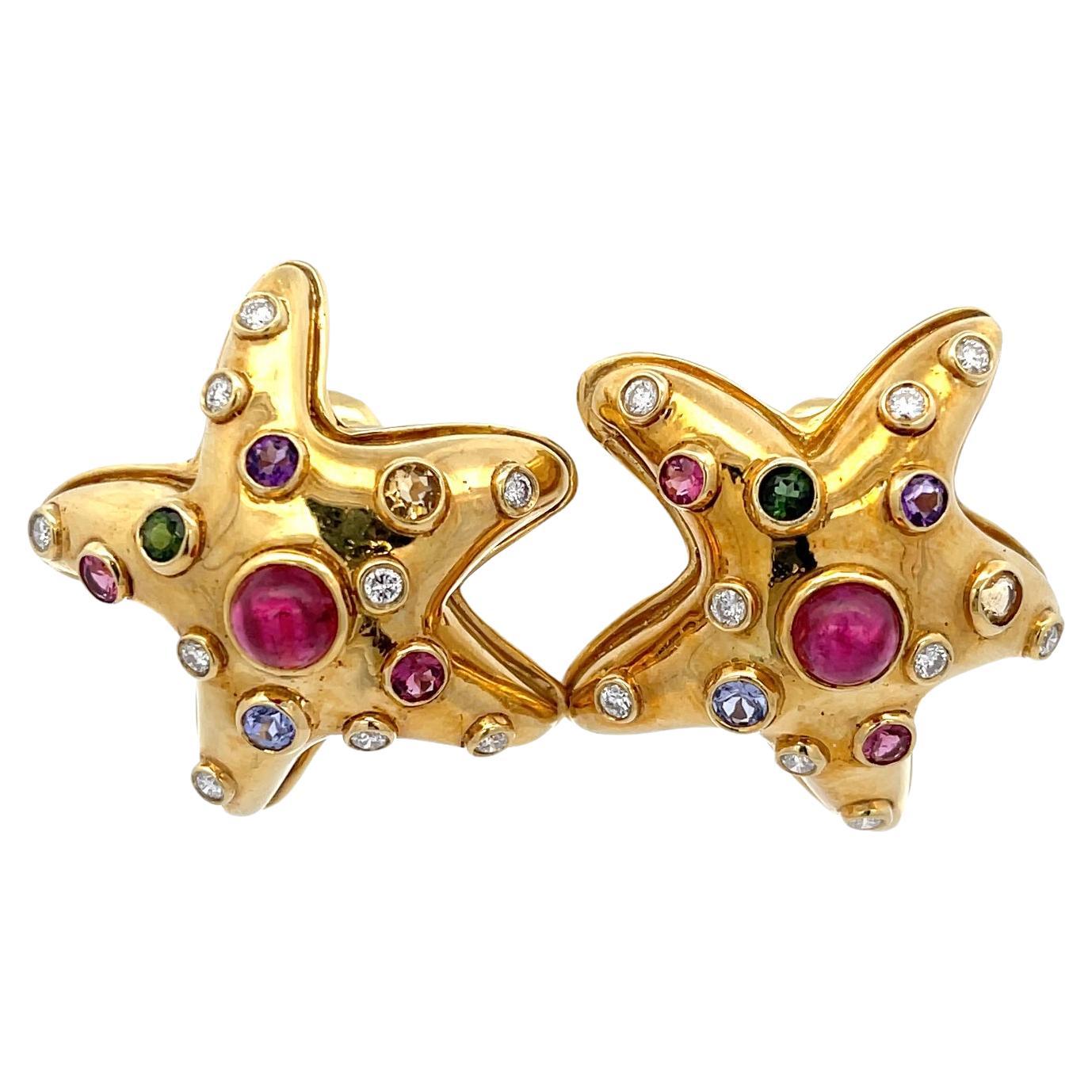 Multi Gem Starfish Earrings 18K Yellow Gold For Sale
