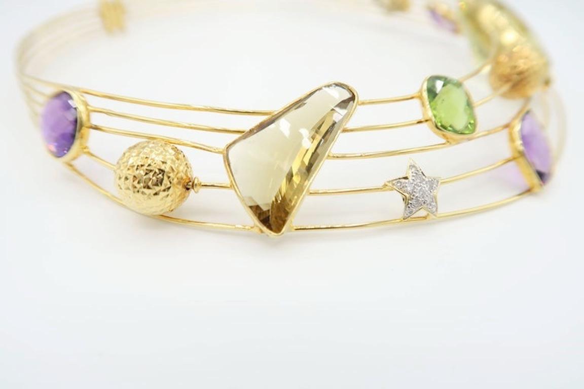 Mixed Cut Multi-Gem Statement Color Wire Necklace & Lemon Quartz Diamond Clip Earrings For Sale